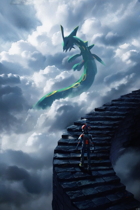 score_9, score_8_up, score_7_up, score_6_up, Pokemon Rayquaza, CG, a head in the clouds, a large, scary, Pokemon Rayquaza creature in the distance, Movie style background