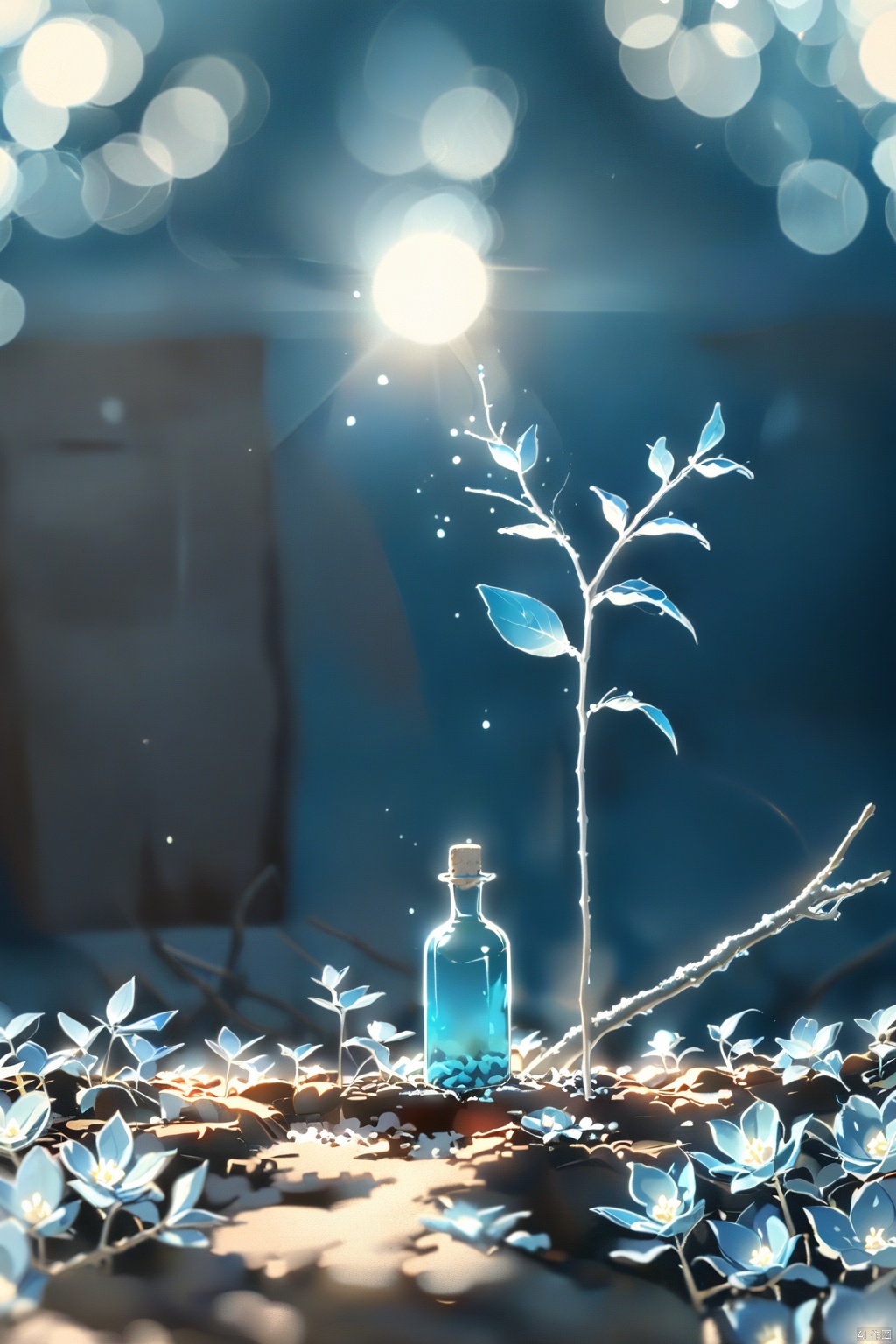 xihuwen, cold color style, blue bottle, front product, bottle placed on wood, wood, flowers, left light, commercial photography, 8K, blue theme, simple branch light and shadow background on the left side, shenhua