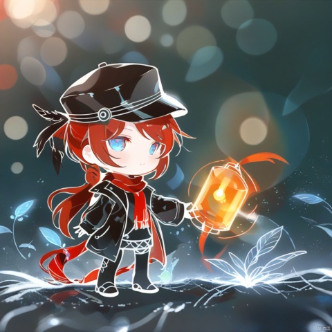 chibi,white glowing lines, dense translucent lines, various artist's styles, digital holographic style, virtual interaction, holographic projection, 1girl, solo,red hair, black hat, hat feather, red scarf, black jacket,line-art,chibi, hat