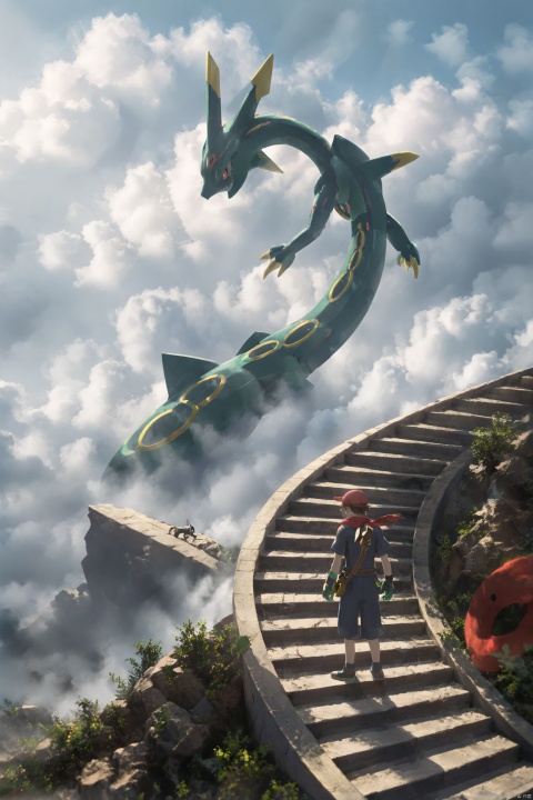 Pokemon Rayquaza,good background,anime,Endless Steps, Climbing stairs, CG, stairs, brown hair, gloves, 1boy, red hat, standing, jacket, short sleeves, outdoors, sky, shoes, cloud, signature, bag, from behind,  cloudy sky, stairs, bandana, may \(pokemon\)