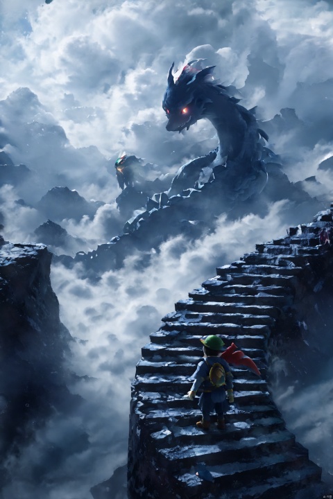 score_9, score_8_up, score_7_up, score_6_up,Pokémon fan art,Pokemon,good background,anime,Endless Steps, Climbing stairs, CG, stairs, a head in the clouds, a large, scary, Pokemon Rayquaza creature in the distance
