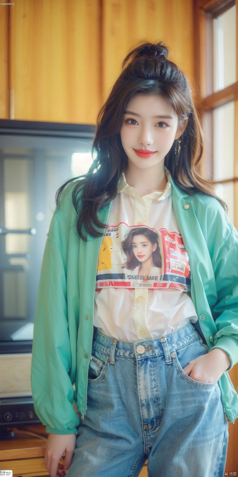  80sDBA style, fashion, (magazine: 1.3), (cover style: 1.3),Best quality, masterpiece, high-resolution, 4K, 1 girl, smile, exquisite makeup,shirt,jean,jacket , lace, tv,boombox
, wangzuxian, zhangmin, aomei, kelala, anni