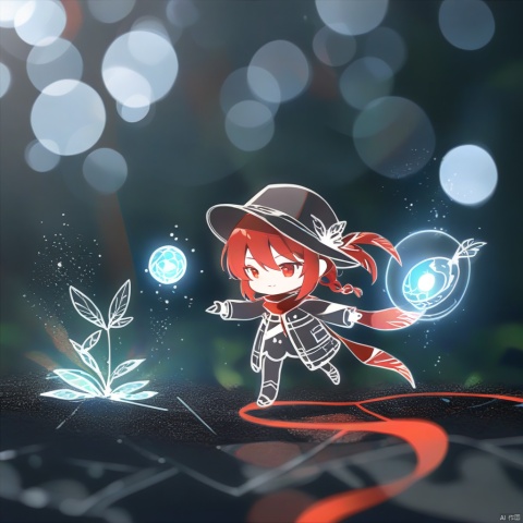 chibi,white glowing lines, dense translucent lines, various artist's styles, digital holographic style, virtual interaction, holographic projection, 1girl, solo,red hair, black hat, hat feather, red scarf, black jacket,line-art,chibi, hat