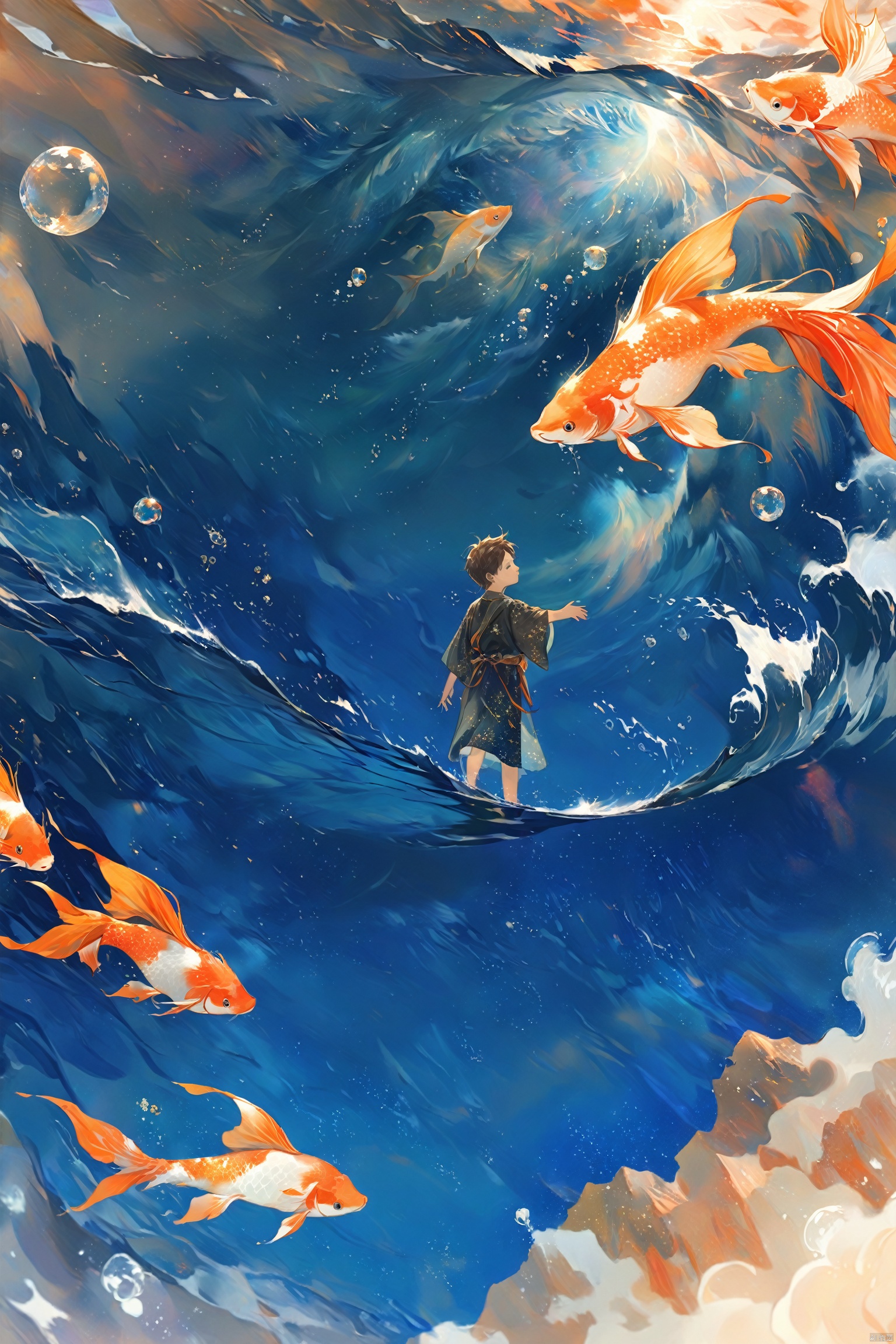 A young boy standing atop the crest of a turbulent wave, reaching up to touch the stars in the night sky. The wave is depicted in deep shades of blue with sparkling stars reflected on the boy's curious and focused face. The surrounding environment appears both mysterious and serene, as if the entire universe is connecting with the boy at this moment. High-definition image of a child touching the stars against the backdrop of an epic ocean wave, surrealistic scene inspired by the most fantastical artwork featuring celestial connection and wonder. fish, goldfish, no humans, koi, water, grey background, bubble, water drop, splashing, realistic, orange theme, animal focus, air bubble, underwater