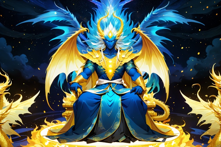  Dragon King, sitting on the throne, golden scales and a regal aura, His eyes are laser eyes that emit gamma rays, exuding a majestic aura. He exudes a regal demeanor, exuding a domineering aura, sturdy, (Van Gogh's starry night), dreams, art, illustrations,Create a dreamlike starry background, warm and beautiful, abstract and realistic, an extremely delicate and beautiful,extremely detailed,8k wallpaper,Amazing,finely detail,best quality,official art,extremely detailed, CG, unity,