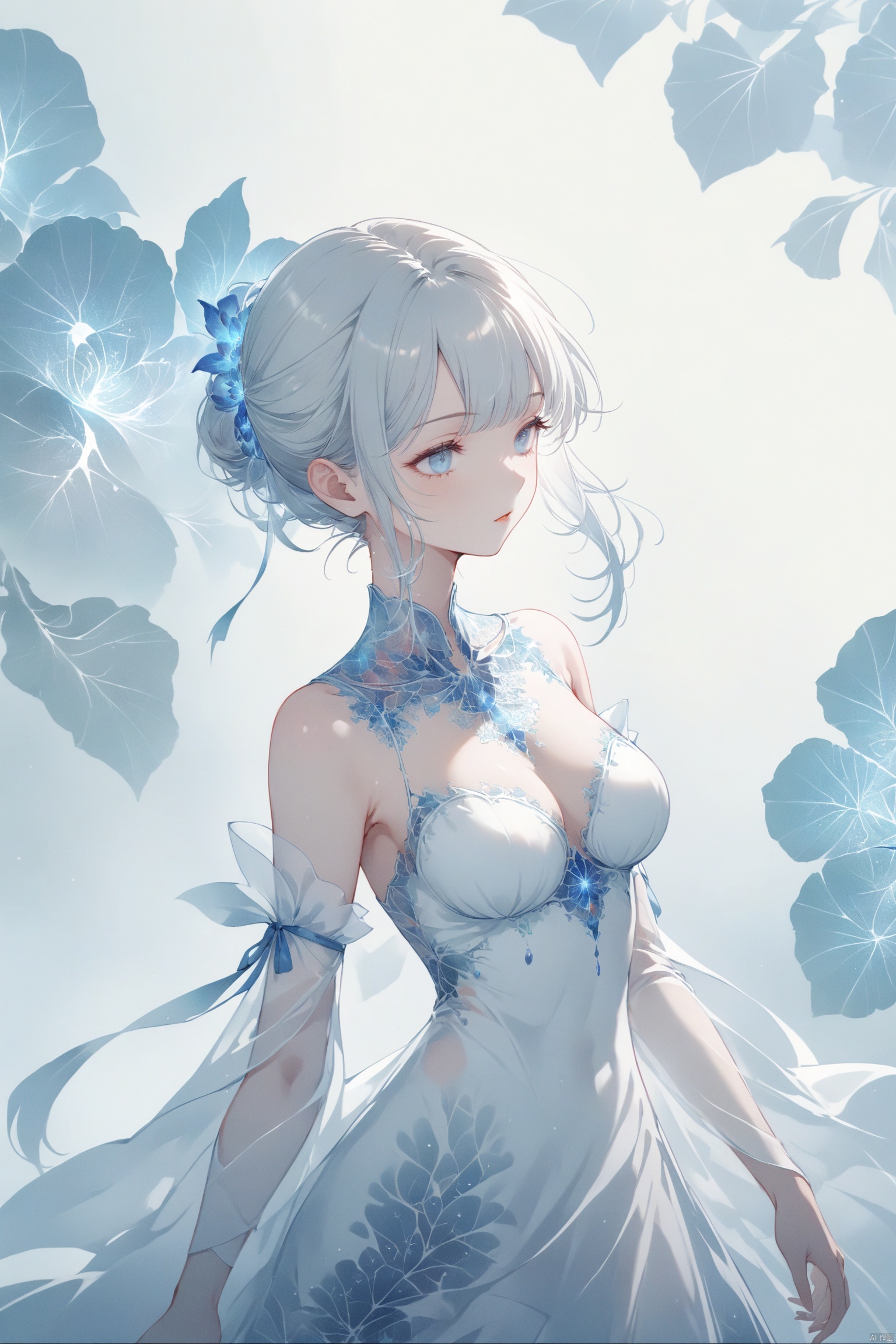 Official art, 8k wallpaper, super detailed, beautiful and beautiful, masterpiece, best quality, (fractal art: 1.3), lines, illustration, 1 girl head, white background, very detailed, bright colors, romanticism, mtianmei,breasts, lucency dress, transparency