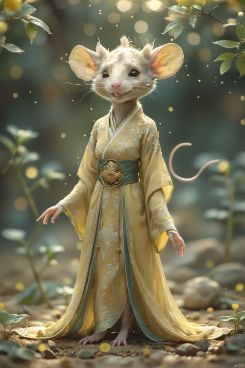  a mouse wearing a hanfu in the center of an illustration in the style of hsiao ron cheng, rebecca guay style, lightbeige and light yellow, extreme rich detail, clampsmile, serene, this artwork uses soft colors to create a dreamy atmosphere. it features an elegant posture, symmetrical composition, soft lighting, delicate brushstrokes, delicate facial expressions, natural scenery, and tranquility.