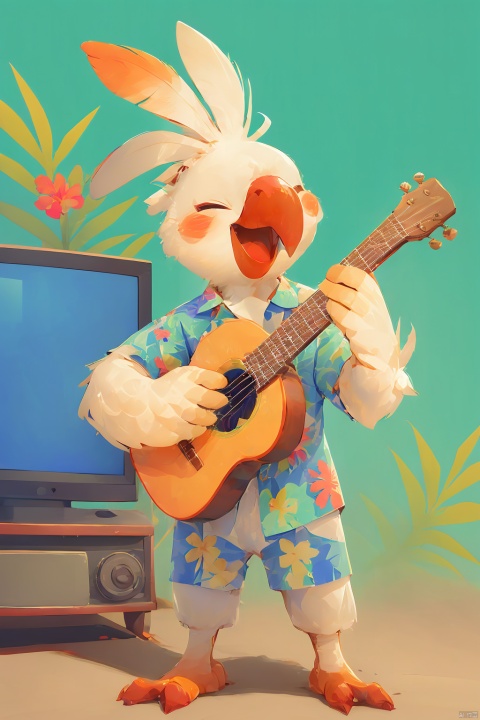  80sDBA style, Cockatiel\(IP\),photo background, tv,masterpiece, best quality, 
solo, smile, open mouth, shirt, holding, closed eyes, flower, short sleeves, heart, no humans, ^ ^, bird, floral print, happy, instrument,music, guitar, playing instrument, hawaiian shirt, acoustic guitar,