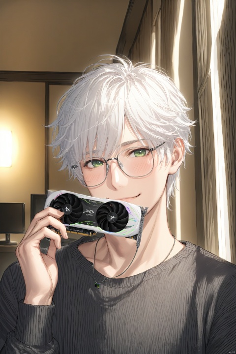(masterpiece), (best quality),  solo, looking at viewer, blush, smile, short hair, shirt, green_eyes, white hair, 1boy, Holding a graphics card, closed mouth, upper body, male focus, glasses, indoors, necklace, black eyes, realistic, 阿索