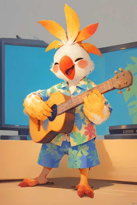 80sDBA style, Cockatiel\(IP\),photo background, tv,masterpiece, best quality, 
solo, smile, open mouth, shirt, holding, closed eyes, flower, short sleeves, heart, no humans, ^ ^, bird, floral print, happy, instrument,music, guitar, playing instrument, hawaiian shirt, acoustic guitar,
