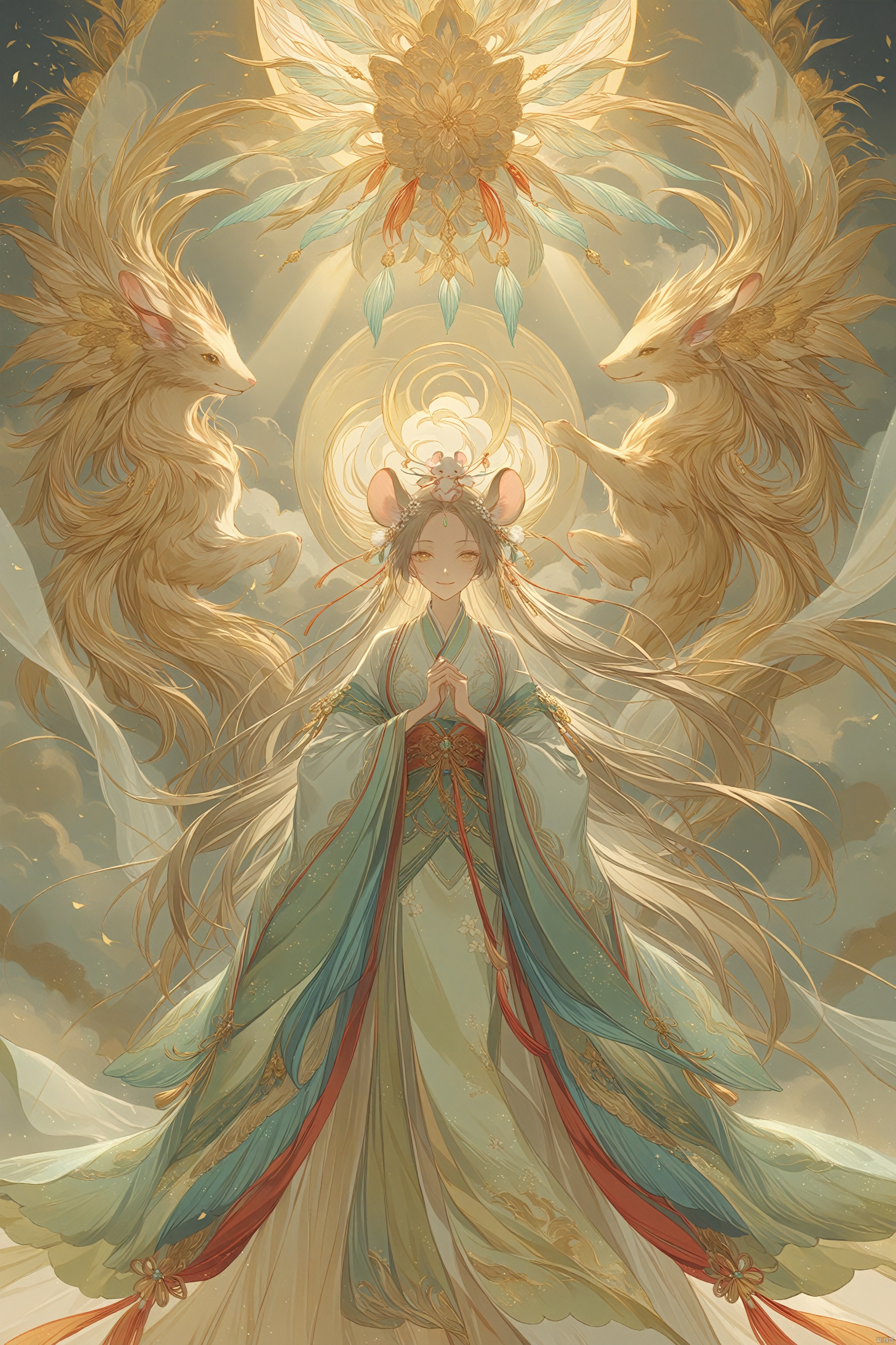  a mouse wearing a hanfu in the center of an illustration in the style of hsiao ron cheng, rebecca guay style, lightbeige and light yellow, extreme rich detail, clampsmile, serene, this artwork uses soft colors to create a dreamy atmosphere. it features an elegant posture, symmetrical composition, soft lighting, delicate brushstrokes, delicate facial expressions, natural scenery, and tranquility.