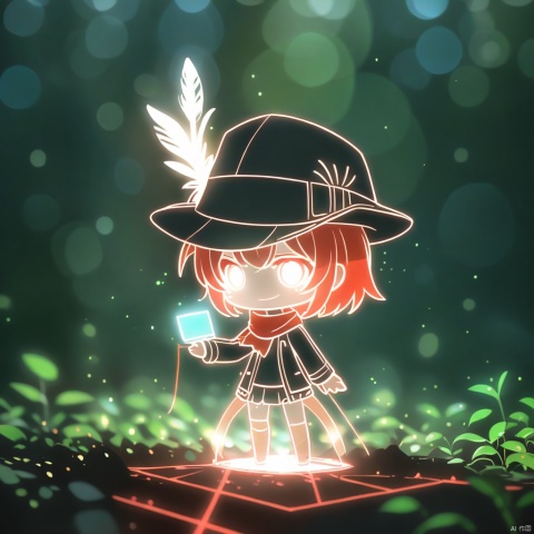 chibi,white glowing lines, dense translucent lines, various artist's styles, digital holographic style, virtual interaction, holographic projection, 1girl, solo,red hair, black hat, hat feather, red scarf, black jacket,line-art,chibi
