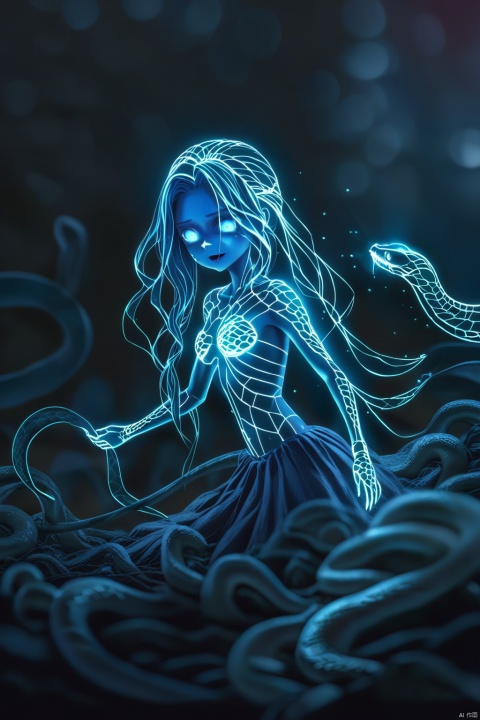 Create a wireframe hologram of Medusa, depicting her writhing snake hair and petrifying gaze. Glowing blue lines highlight her serpentine hair and menacing look against a dark background, capturing the scales and cursed visage in hyper-realistic 8k quality. Perfect for blending mythological horror and futuristic tech.