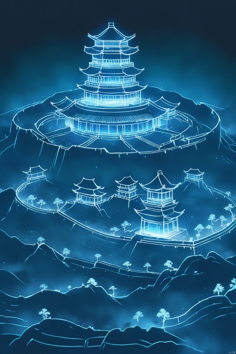 A wireframe hologram of the Great Wall （aerial view）with glowing blue lines forming intricate patterns around its iconic structure against an isolated dark background. The design showcases detailed architectural details and features, creating a visually stunning representation of ancient Chinese architecture. This digital artwork is perfect for creative projects that need to convey both historical significance and futuristic technology, in the style of 8k