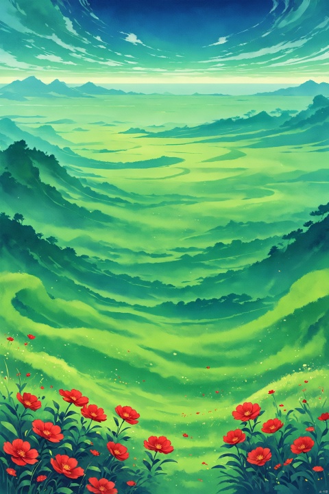 The horizon is vast, with green grass stretching to the sky, and the emerald color flowing to the distant horizon. In the boundless green space, everything grows and is full of vitality. In this vast expanse of greenery, a red flower quietly blooms