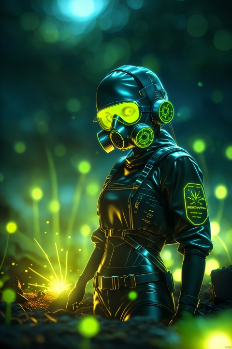 cyberpunk, neon colors, half body shot, gas mask, cyberpunk 2077, techno outfit, 8k, hdr, 3d rendering, glow radioactive, iron material, alien planet,