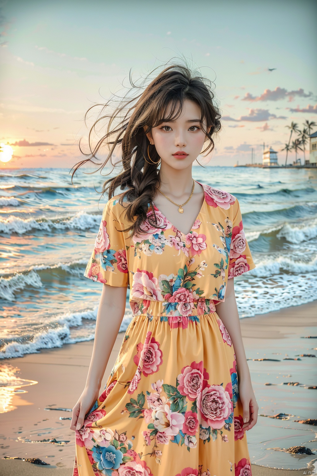  ((masterpiece)), ((best quality)), 8k, high detailed, ultra-detailed, (20-year-old girl), (dress), (strap dress), (on the beach), (solo), (seaside), (sunset), (golden hour), (ocean waves), (sand), (serenity).cuihua, 1 girl, 80sDBA style