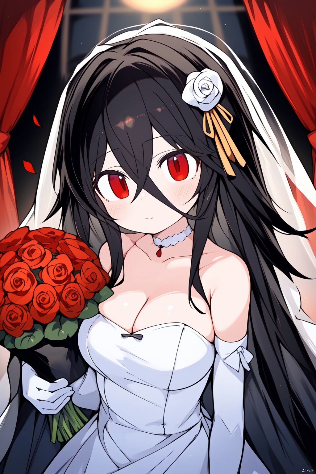  petite,loli,1girl, dress, breasts, black_dress, wedding_dress, taihou_\(azur_lane\), black_hair, long_hair, black_flower, gloves, veil, red_eyes, solo, cleavage, bouquet, black_rose, large_breasts, black_gloves, elbow_gloves, bridal_veil, flower, looking_at_viewer, rose, bare_shoulders, crossed_bangs, very_long_hair, red_flower, hair_between_eyes, hair_ornament, bangs, collarbone, red_rose, Toodles Galore, xinniang, cutegui, wulian