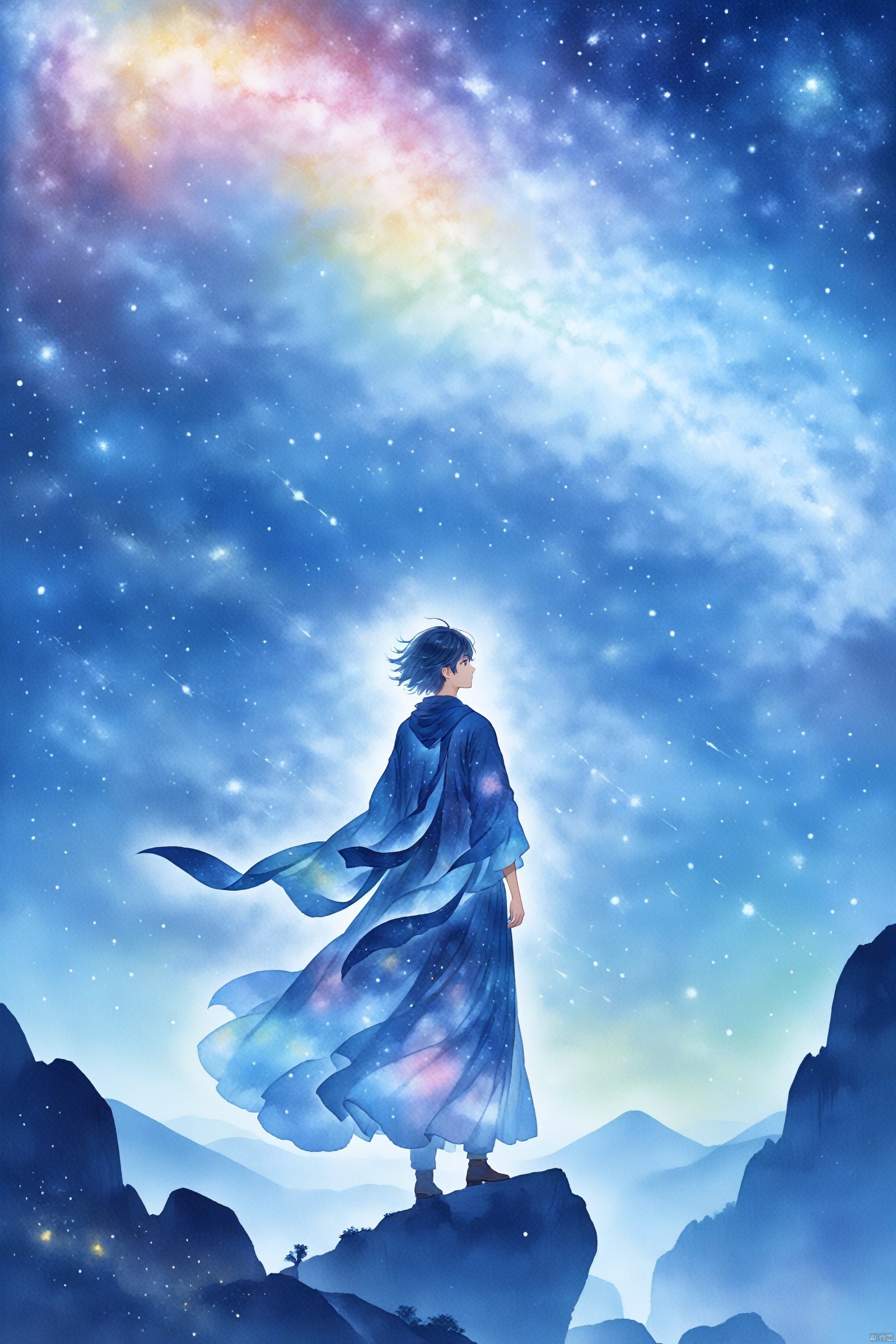  Tie dyeing style, Tie dyeing,Shinkai Makoto style, a whimsical digital illustration of a solitary figure standing on a cliff overlooking the vast starry sky. The figure has a wistful expression, his hair blown by the wind and his robe flowing. The sky is filled with rotating galaxies and constellations, creating a fantastic atmosphere. Bright colors, ethereal lights