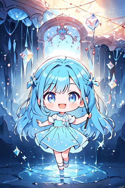  ((masterpiece)), 20-year-old girl, (knee shot), ((fantastic background)), in a panoramic view, Wearing a light blue dress, smile, long baby blue hair, There are several blue jellyfish around, Manhwa Style, Material de vidro, crystal material, extremely detaile, Cinematic lighting effects, tmasterpiece, offcial art, Dark Majic, 4K, aqueous media, 1girl,moyou