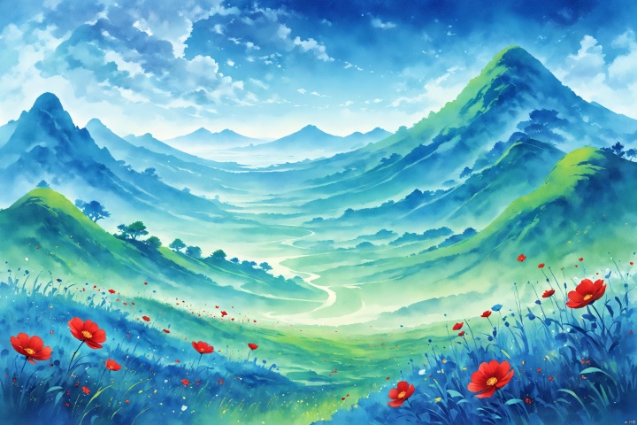 blue theme,tie dyeing,The horizon is vast, with green grass stretching to the sky, and the emerald color flowing to the distant horizon. In the boundless green space, everything grows and is full of vitality. In this vast expanse of greenery, a red flower quietly blooms
