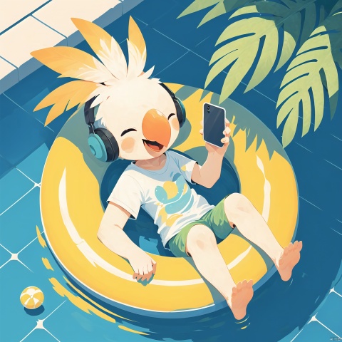  Cockatiel\(IP\), masterpiece, best qualityafloat,ball,beachball,cellphone,closed eyes,handheld game console,happy,holding,holding phone,innertube,island,leaf,nintendo switch,on back,open mouth,outdoors,palm leaf,palm tree,phone,pool,rowlet,shallow water,shirt,shore,short sleeves,shorts,smartphone,smile,soaking feet,solo,wading,wading pool,water,white shirt,beak,headset,Orange Crown, jjmx