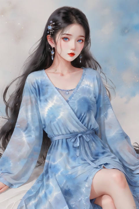  Tie dyeing style, Tie dyeing, 1girl, solo, long hair, looking at viewer, blue eyes, black hair, hair ornament, dress, jewelry, sitting, earrings, blue dress, Blue tie dyeing