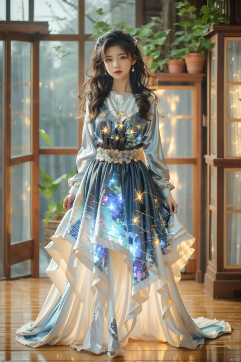  ((masterpiece)), ((best quality)), 8k, high detailed,1girl, 20-year-old,wearing Bright night sky dress, in the forest, Bright night sky dress, dress, light particles, full body, black background, glowing, contouring light,ZYM, 1 girl, 80sDBA style
