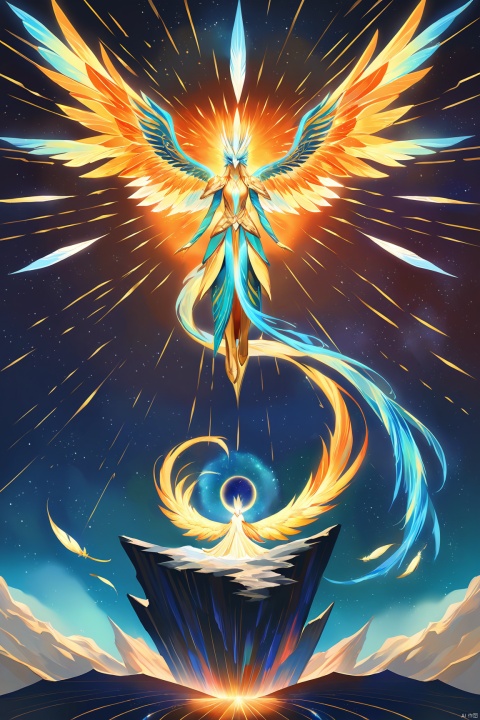 A majestic phoenix soaring through the cosmic sky, its iridescent feathers shimmering with vibrant colors of orange and gold. The bird is surrounded by swirling galaxies and celestial bodies, creating an otherworldly atmosphere. A small figure in blue stands at attention on a mountain peak below, looking up towards their legendary hero flying above them. This fantasy-inspired artwork captures both grandeur and emotion as it celebrates love's power toization, and a radiant woman made out of light stands next to it, embracing her lover in the style of the artist