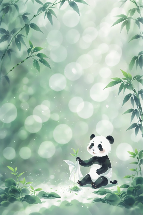 a panda,The shading of the Chinese-style paper, the pale green bamboo, the grain is faintly visible,white background,