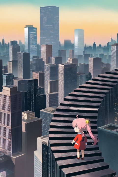 chibi,good background,anime,
Endless Steps, Climbing stairs, CG, loli,petite,pink hair, long hair, red Jacket,high ponytail,collared shirt,hair flower,fipped hair,floating hair,Frown,hands in pockets,dress,bowtie,sky, skyline, skyscraper, smile, solo, sunflower, tower
