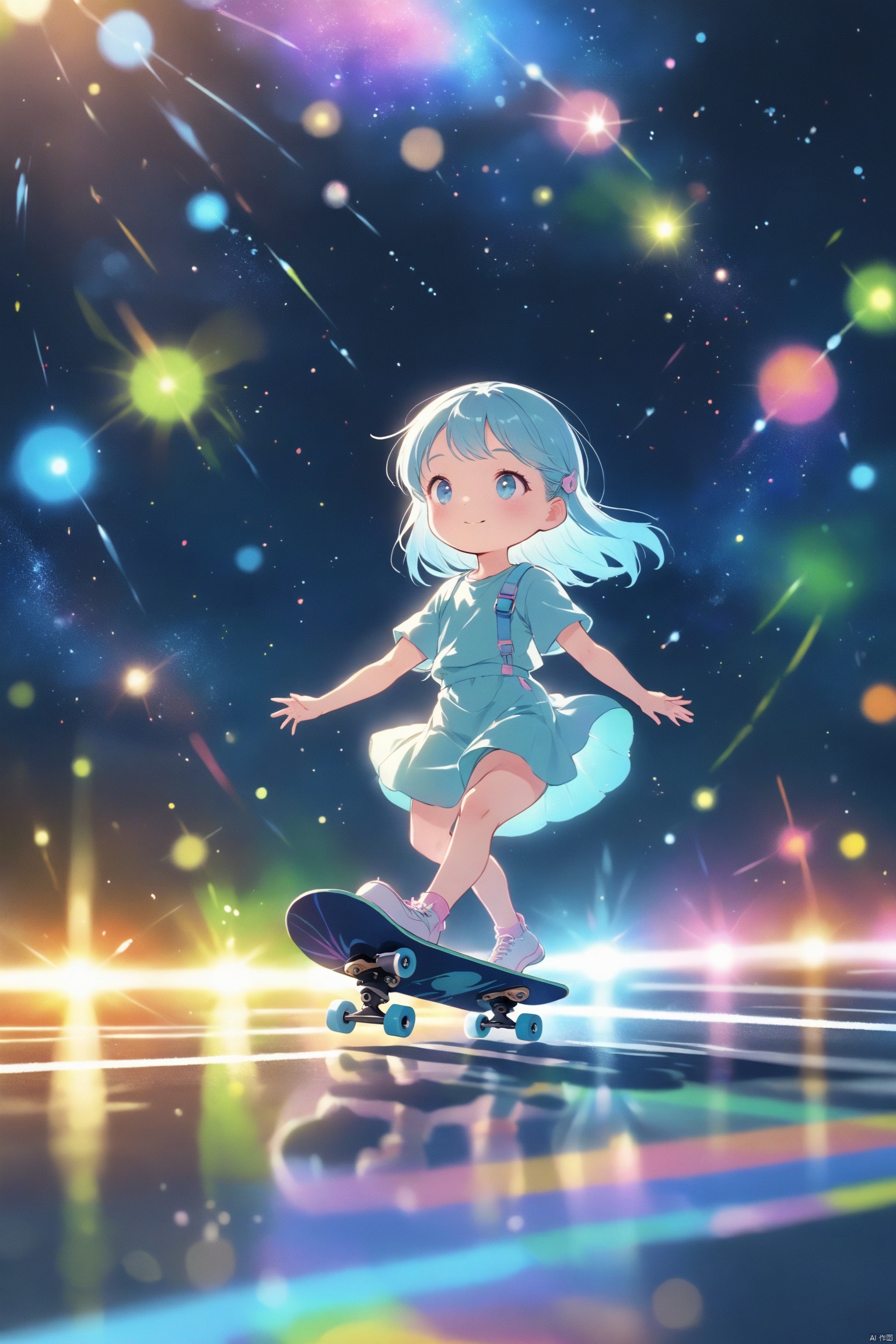A lovely little girl playing skateboard with dazzling colors, charming scifi cinematic, on the colored runway, travel in the color of space