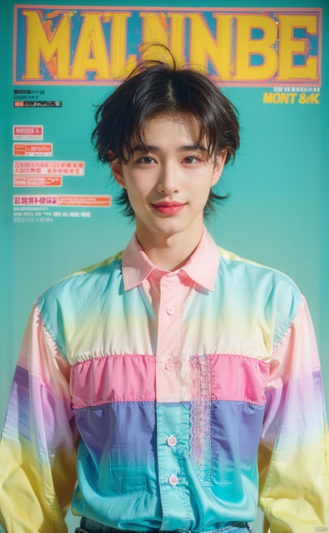  80sDBA style, fashion, (magazine: 1.3), (cover style: 1.3),Best quality, masterpiece, high-resolution, 4K, 1 man, smile, exquisite makeup,(Green and Cyan and Pink | Silk shirt, Gradient:1.2), lace
