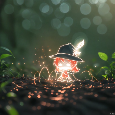 chibi,white glowing lines, dense translucent lines,1girl, solo,red hair, black hat, hat feather, red scarf, black jacket,line-art,chibi, hat