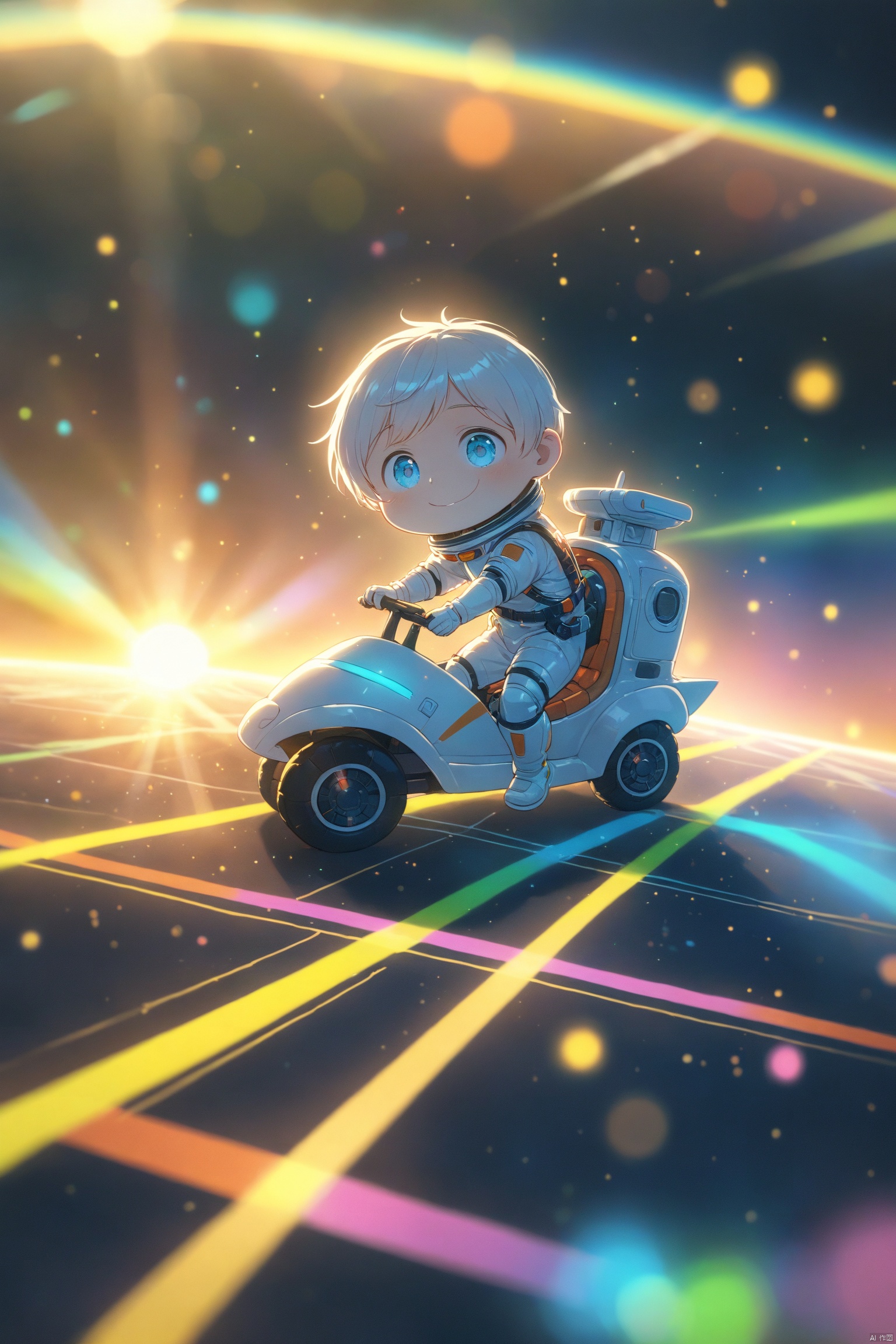 A cute little boy with big eyes wearing a space suit and a happy expression on his face,charming scifi cinematic, Driving a lovely aeroplane with dazzling colors. On the colored runway, Travel in the color of space,very detailed, high resolution, dreamy colors, colorful, high detail, high quality, best quality