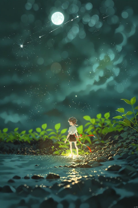  1 girl, knight, (HDR: 1.4), high contrast, low saturation, white short-sleeved shirt, black mini skirt, short hair, single ponytail, hair tied with a red ribbon, color block background, whole body, soft clothing texture, eyes looking at viewer, horizontal, lake, moonlight, bare feet, elegance, shooting star, starlight, red ribbon fluttering in the wind, sword,foreground
负向提示, MSI\(Monon\)