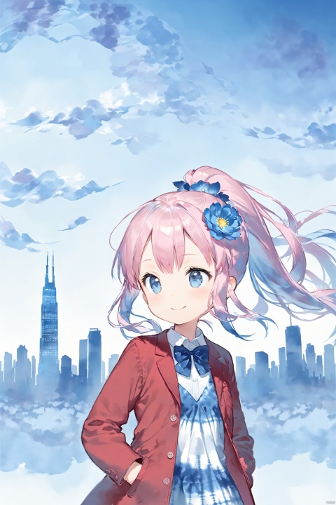  pink hair, blue theme,Tie dyeing,tie dyeing style,loli,petite,long hair,red Jacket,high ponytail,collared shirt,hair flower,fipped hair,floating hair,Frown,hands in pockets,dress,bowtie,(solo),sky, skyline, skyscraper, smile, solo,flower