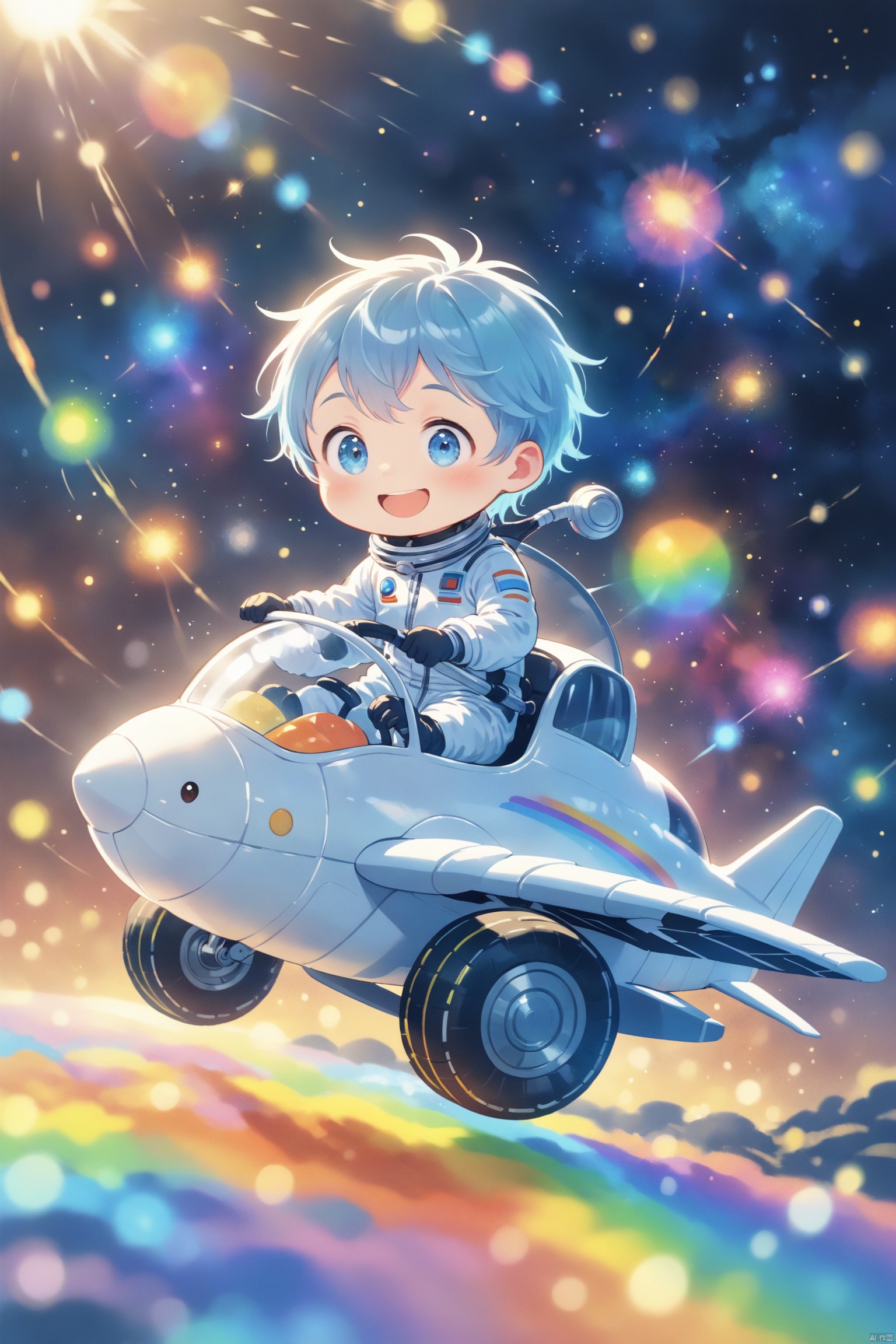 A cute little boy with big eyes wearing a space suit and a happy expression on his face,charming scifi cinematic, Driving a lovely aeroplane with dazzling colors. On the colored runway, Travel in the color of space,very detailed, high resolution, dreamy colors, colorful, high detail, high quality, best quality