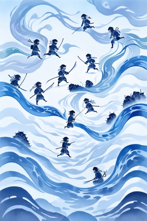 A surreal blue gouache painting with thick lines of Ninjas, in the style of minimalist flowing surrealism, masterpiece