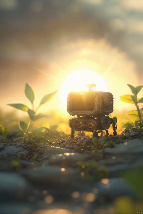 (La best quality,high resolution,super detailed,actual),dilapidated abandoned robot,covered with plants,The sun shines on the robot（ （（sunrise）））,light warm（ （（A masterpiece full of sunshine elements）））, （（best quality））, （（intricatedetails））（8k）