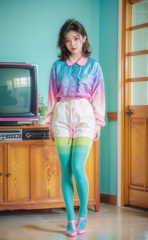  80sDBA style, (Masterpiece, Best Picture Quality, High Definition Photo, 8k),Girl,Short Hair,(Green and Cyan and Pink | Silk Stockings, Gradient:1.2),Warm Tone,Studio,Supplementary Light, indoor, tv, aomei