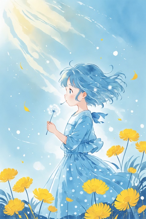  blue theme,Tie dyeing,A girl holding a dandelion flower, wearing a blue dress with white dots and yellow flowers on it, blowing away small petals in the style of light skyblue and pale aquamarine illustrations, a simple line drawing reminiscent of children's book illustrations and storybook art, with colorful cartooning and playful character design