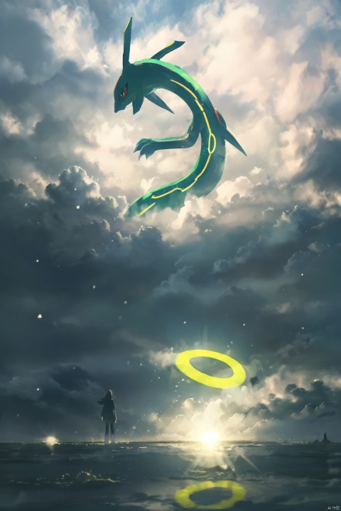 Pokémon fan art,Pokemon Rayquaza, (((best quality)), ((masterpiece)), ((ultra-detailed)), (illustration), (detailed light), (an extremely delicate and beautiful),incredibly_absurdres,(ray tracing),light particle,((1girl)),solo,cloud, sky, scenery, solo, cloudy sky,reflection,sunset,Movie style background,