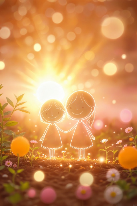  3D illustration of a cute mother and daughter hugging each other, surrounded by flowers and eggs in the style of dreamy landscapes with soft atmospheric perspective, vibrant orange and pink stage backdrops, childlike innocence and charm with cartoonish character design featuring bold shapes and cute characters against a pink background with a simple white sun in the sky