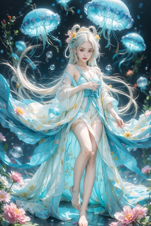  (masterpiece), (best quality), illustration, ultra detailed, hdr, Depth of field, (colorful),loli,1girl,hanfu, hair rings, solo, long hair, very long hair, absurdly long hair, barefoot, looking at viewer, nude, white hair, dress, bangs, yellow eyes, jellyfish, full body, closed mouth, flower, holding, breasts, black background, blue hair, white dress, bubble, glow, xinniang, wulian