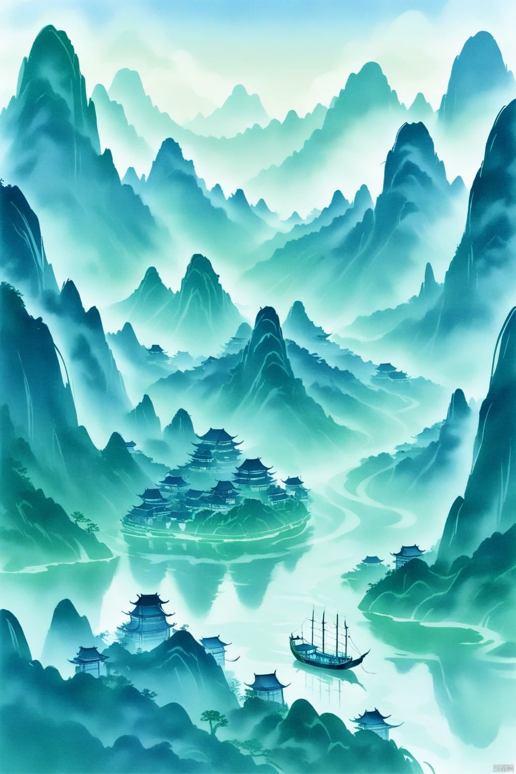 Colored Pencil Drawing, Soft and Smooth Lines, Gradient Transition Lines, stone lithography, minimalism, wide view, Aerial View, extremely close-up shot of the Guilin Karst Mountains looking like emerald green sculptures,a classic Chinese Junk boat in the foreground, early morning mist, light diffusing softly, tranquil mood, elegantly curving forms, spectrum of colors flowing seamlessly, marker coloring, printmaking style