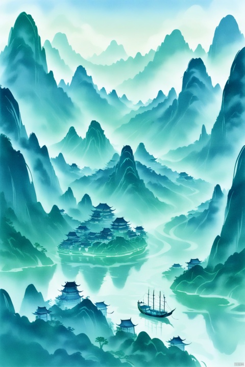Colored Pencil Drawing, Soft and Smooth Lines, Gradient Transition Lines, stone lithography, minimalism, wide view, Aerial View, extremely close-up shot of the Guilin Karst Mountains looking like emerald green sculptures,a classic Chinese Junk boat in the foreground, early morning mist, light diffusing softly, tranquil mood, elegantly curving forms, spectrum of colors flowing seamlessly, marker coloring, printmaking style