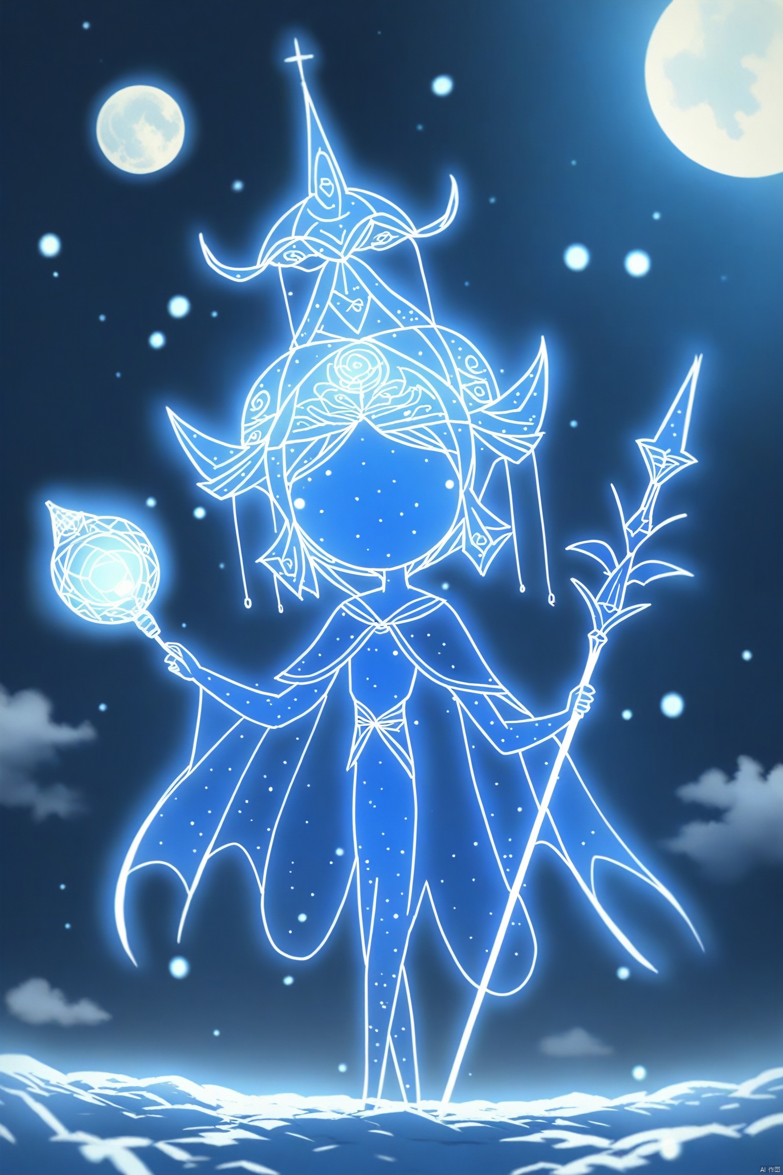  Highly detailed Powerfull blue god holding a staff in the 5th, detailed face, detailed body, dimension, very colorfull, highly detailed, the enviroment is a dreamy palace in the clouds with the night sky full of stars
