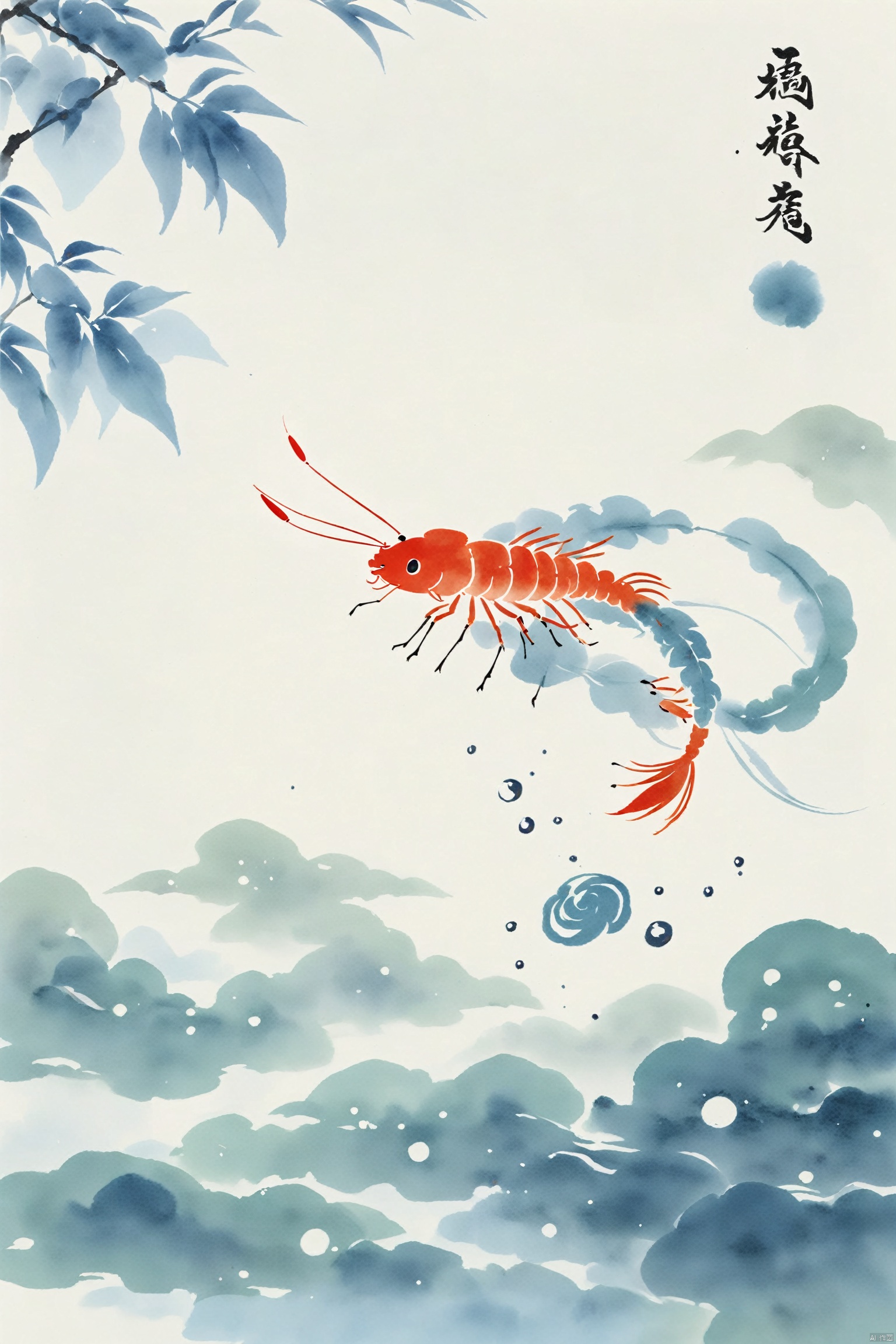 Tie dyeing style, Qi-Baishi,animal,shrimp,