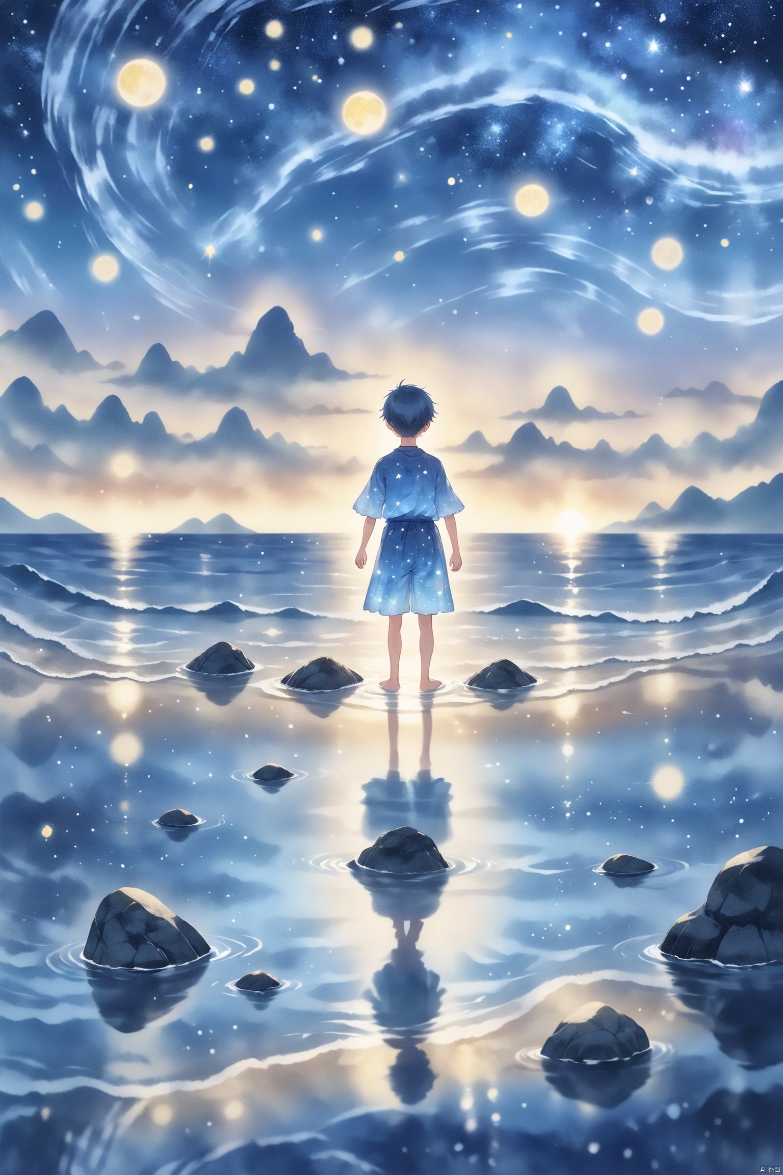 Photography Award Winning Entry,There is a rock in the middle of the sea,a boy stands on the rock in the middle of the sea and reaches out to pick the stars in the sky. ocean reflection,dawn blue,blue waves,happiness,dream fairy tale,fantasy,bright background,reflection,colourful,starry sky,8K,